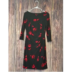 Lauren Ralph Lauren Dress Womens 6 Black Red Floral Ruched Sheath 3/4 Sleeve